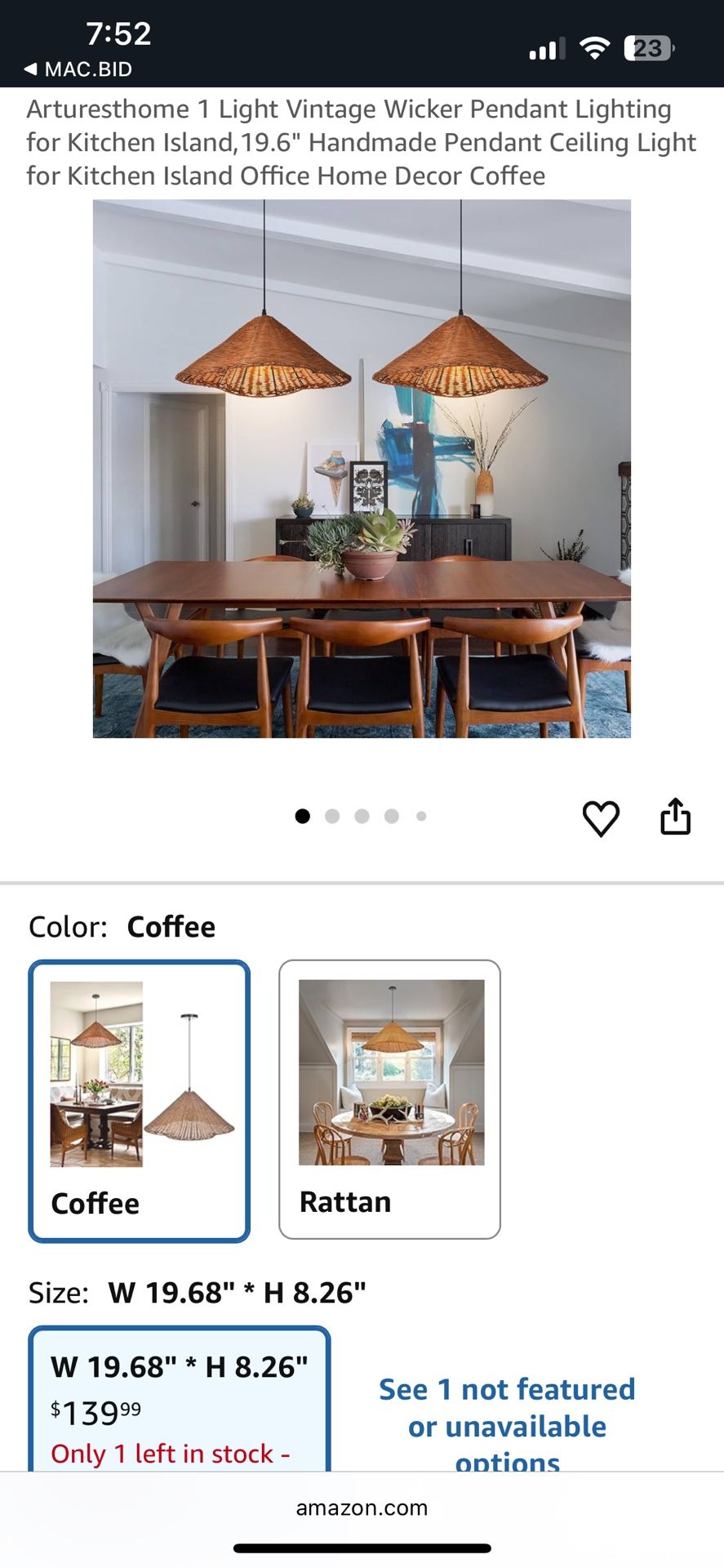 Arturesthome Vintage Boho Rattan Pendant Light 19.6”