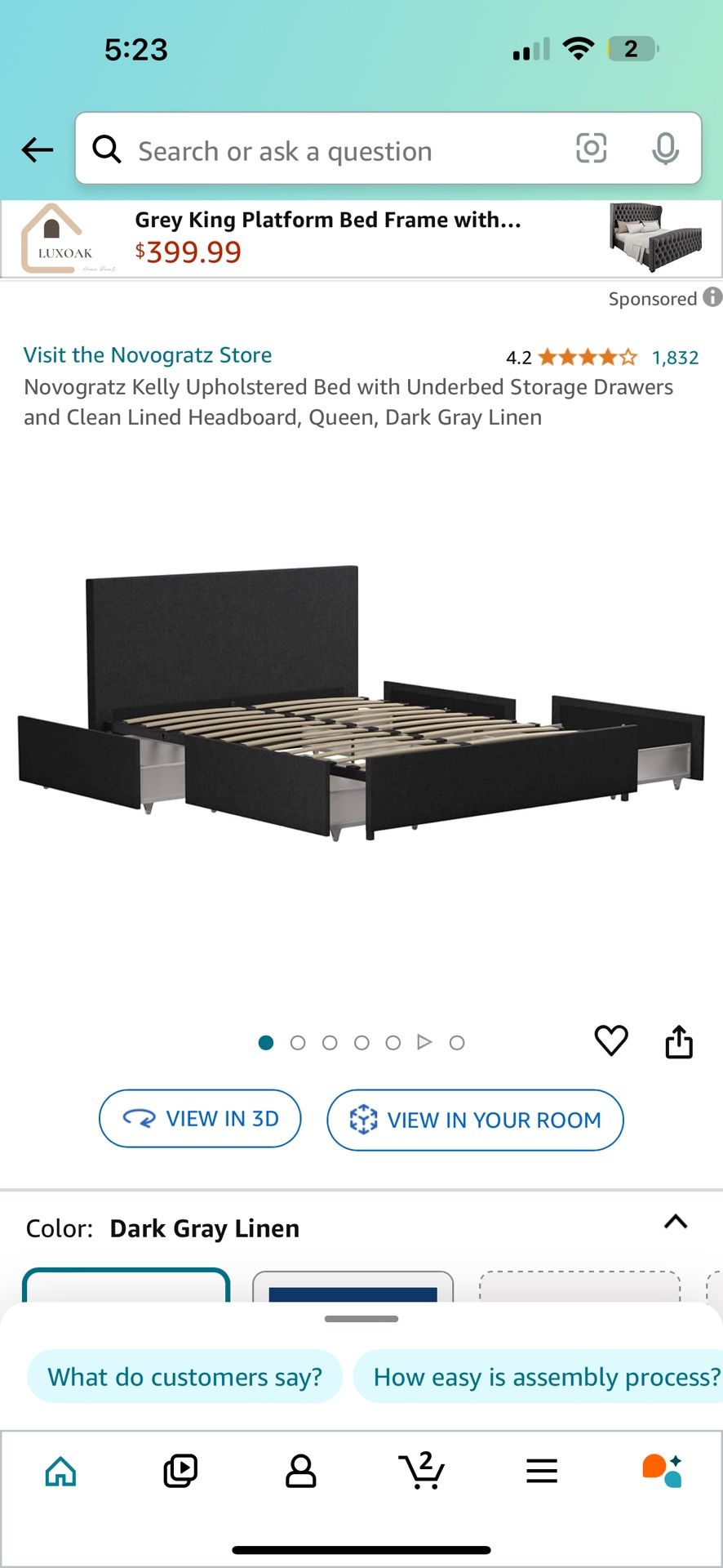 Novogratz Kelly Upholstered King Bed with Storage in Dark Grey Linen