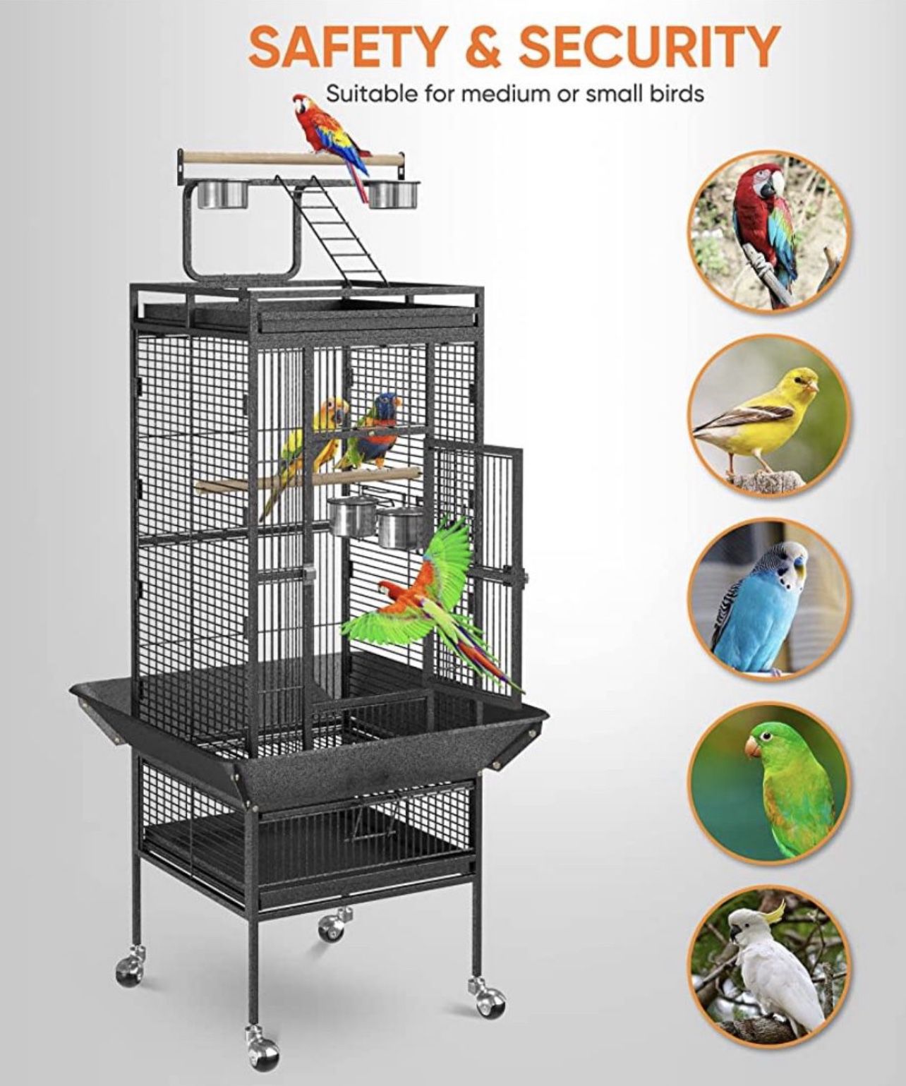 61-inch Playtop Parrot Bird Cages, Wrought Iron Large Birdcage with Rolling Stand for Parakeet Cockatiels Quaker Conure Lovebird Finch Canary Small Me