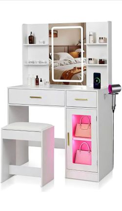White LED Vanity Table with Three-Color Adjustable Light HD Mirror, USB Charging Port,Leather Stool, Double-Layer Acrylic Cabinet with Ambient Lightin