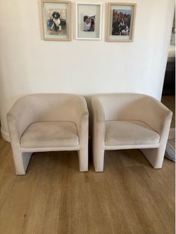 Set of 2 Cream Boucle-Style Barrel Accent Chairs — Waterfall Leg Design