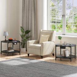 2-pack 23.6” Round End Table with Charging Station, 2-Tier Industrial Nightstand