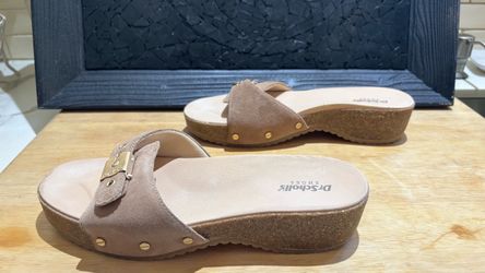 New Dr. Scholl's Original Flex Slide Sandals beige suede gold metallic buckle size 8M