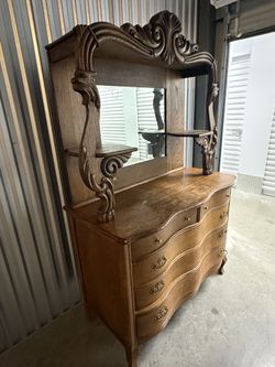 Antique Carved Oak Sideboard Buffet with Mirror