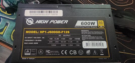 High Power HP1-J600GD-F12S non-modular 600W ATX power supply