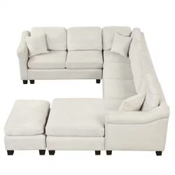 122 in. W Slope Arm 4-Piece U-Shaped Velvet Sectional Sofa in White with Ottoman