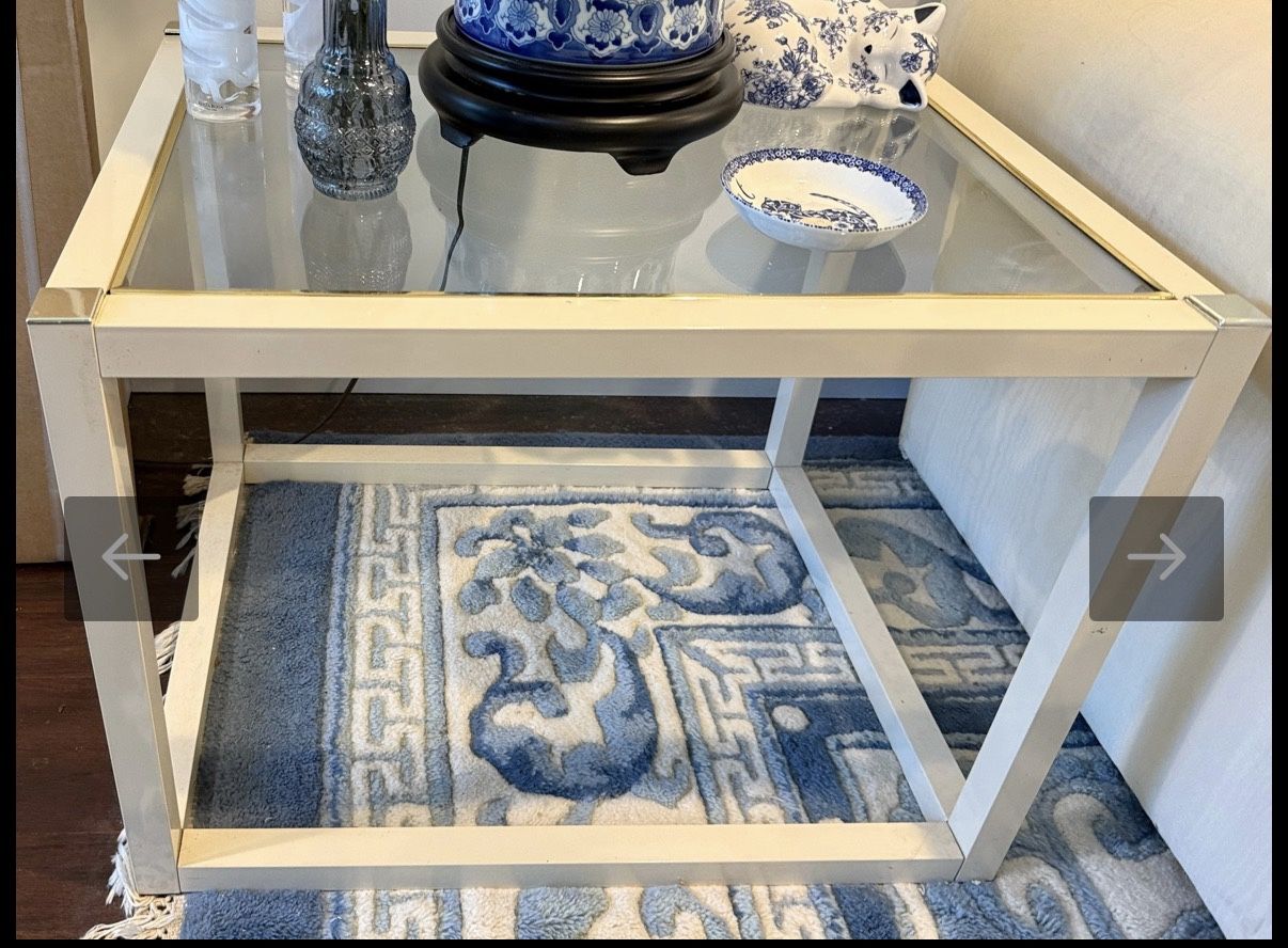 Glass Top Ivory Mica End Table With brass Accents