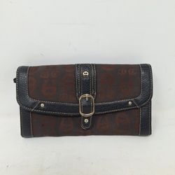 Etienne Aigner Brown Black Leather Signature Jacquard Accordian Snap Wallet Clutch

