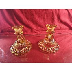 PAIR Vintage Amber Westmoreland Glass Doric Lace Candlestick Holders 