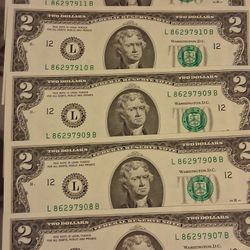 2 Dollars Bills Uncirculated And Sequence Numbers