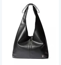 Victoria's Secret Black Faux Leather Hobo Shoulder Bag Gold Logo new
