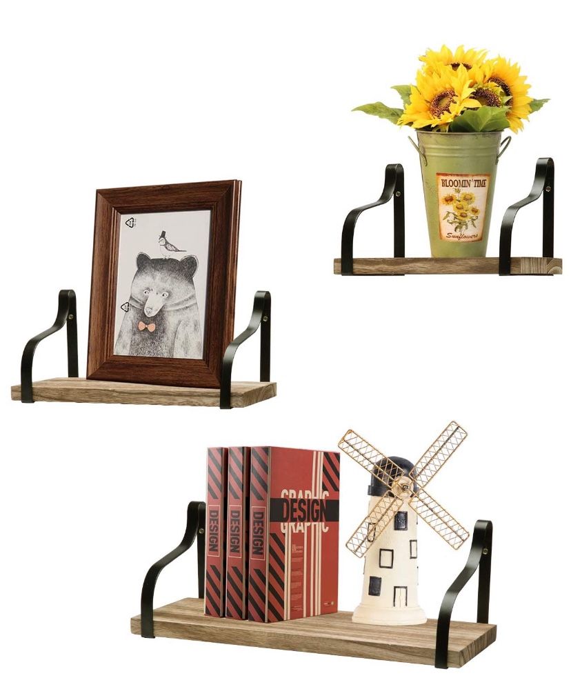Floating Shelves Wall Mounted Set of 3, Rustic Wood Storage Shelves for Bathroom, Living Room, Bedroom, Kitchen, Office