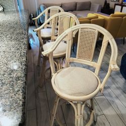 Vintage Boho Coastal Palm Beach Rattan Swivel Counter Height Bar Stools. See Full Description