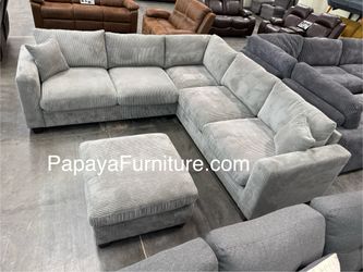 New! Fog Grey Sectional And Ottoman, Grey Sectional, Plush Sectional Couch, Sofa, Sectionals, L-Shaped Sofa, Light Grey Couch, Gray Sofa,Corduroy Sofa