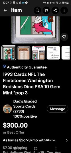 1993 Cardz NFL Flintstones Washington Redskins Dino PSA 10