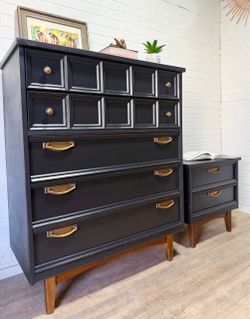 Vintage Mid Century Modern Tallboy Dresser and A Nightstand Set Of 2