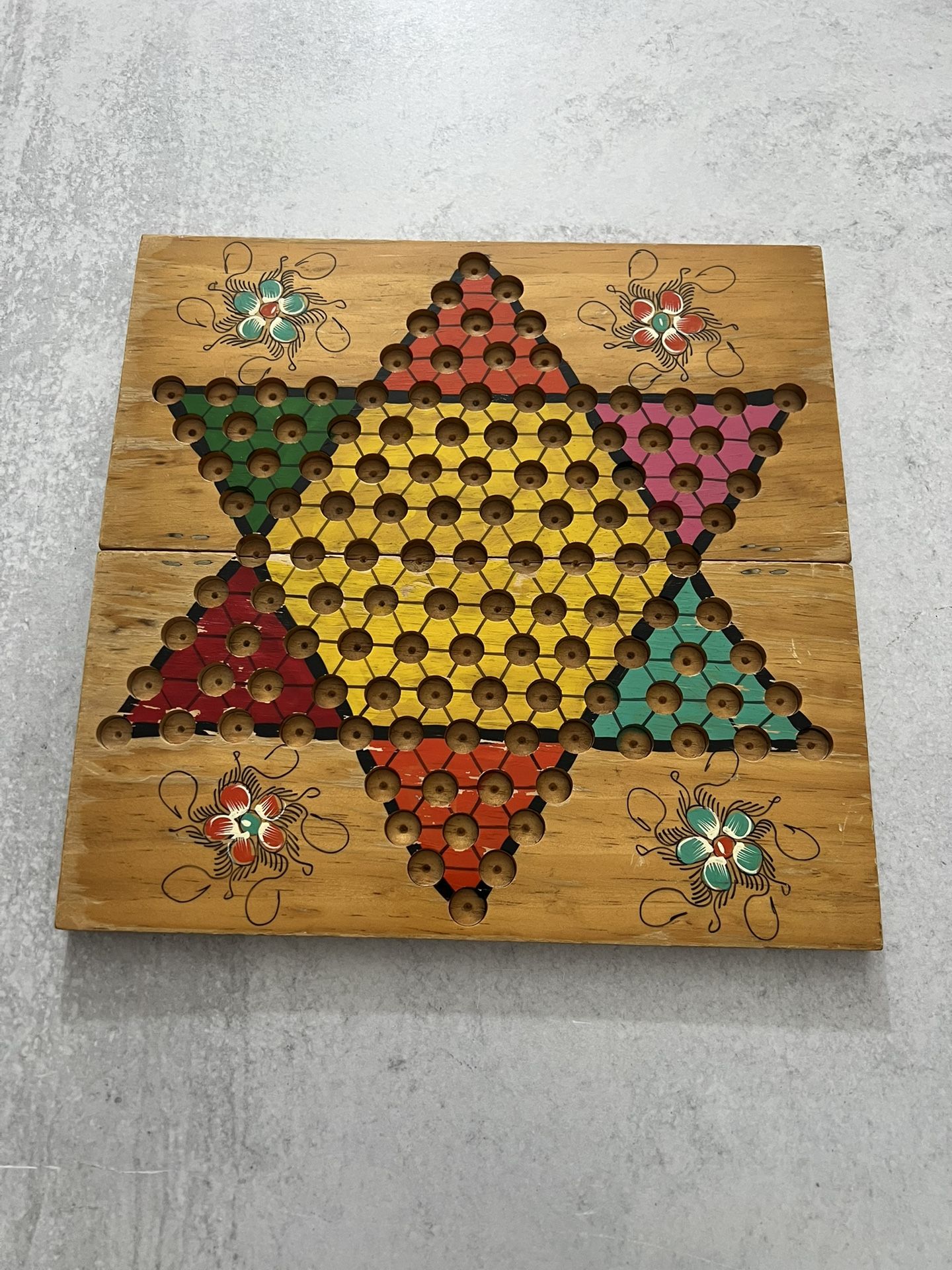 Vintage Wooden Chinese Checkers Board Game - Folds Up