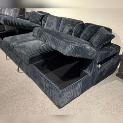 BLACK Comfortable Jumbo corduroy U-Shaped Pull Out Sectional Sofa w/ Storage Chaises w/ USB + Pillows