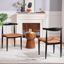 2pcs Dining Chairs Fabric Leather Seat Metal Legs