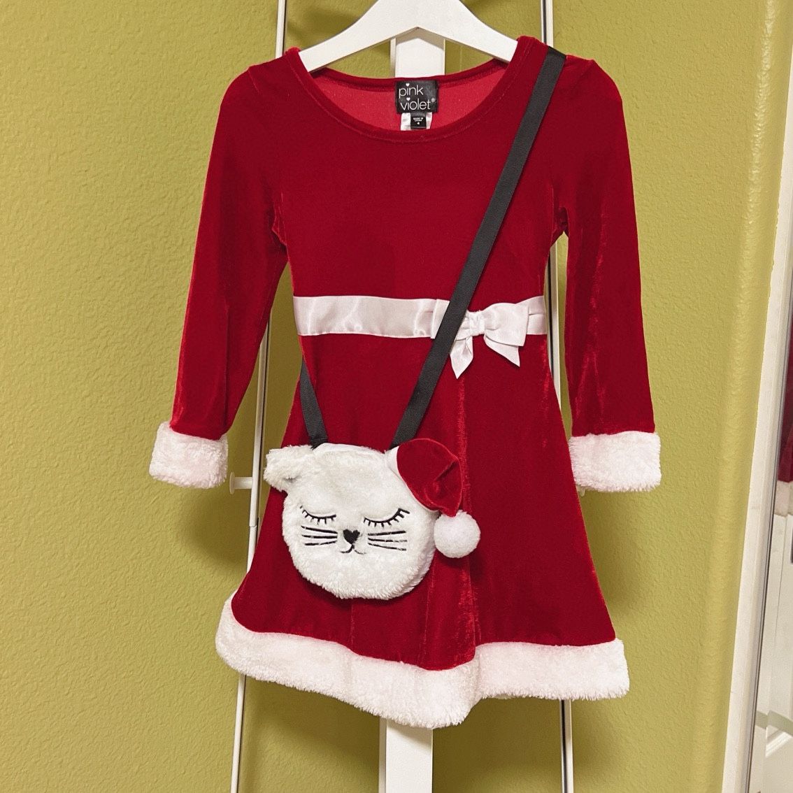Pink & Violet Girls Christmas Santa Dress with Cat Purse Set 4T