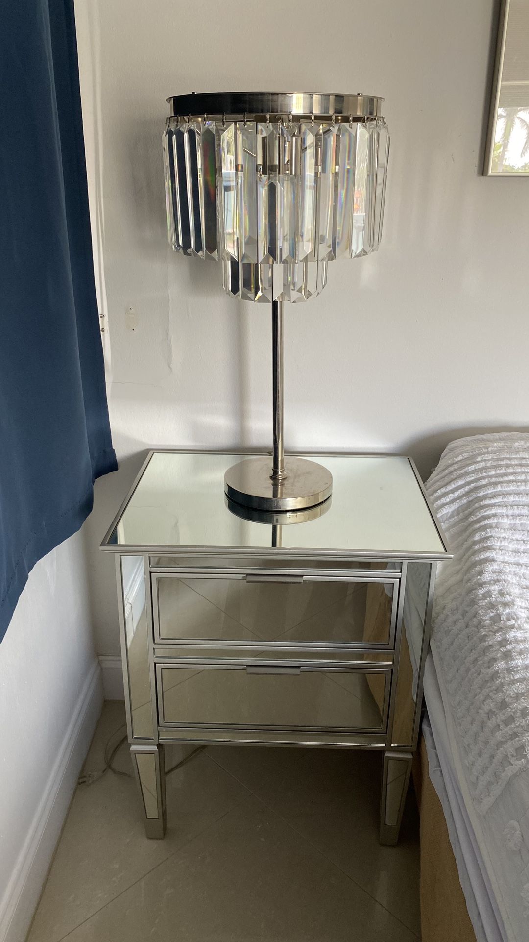 Mirrored Glass Nightstand 28” with Glass Lamp