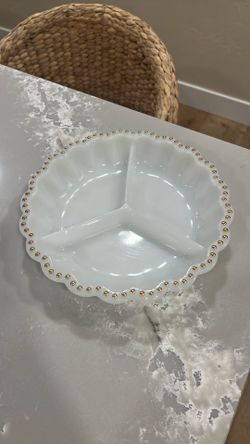 Vintage 1950’s Anchor Hocking Gold Hobnail Milk Glass Divided Dish / Snack Platter