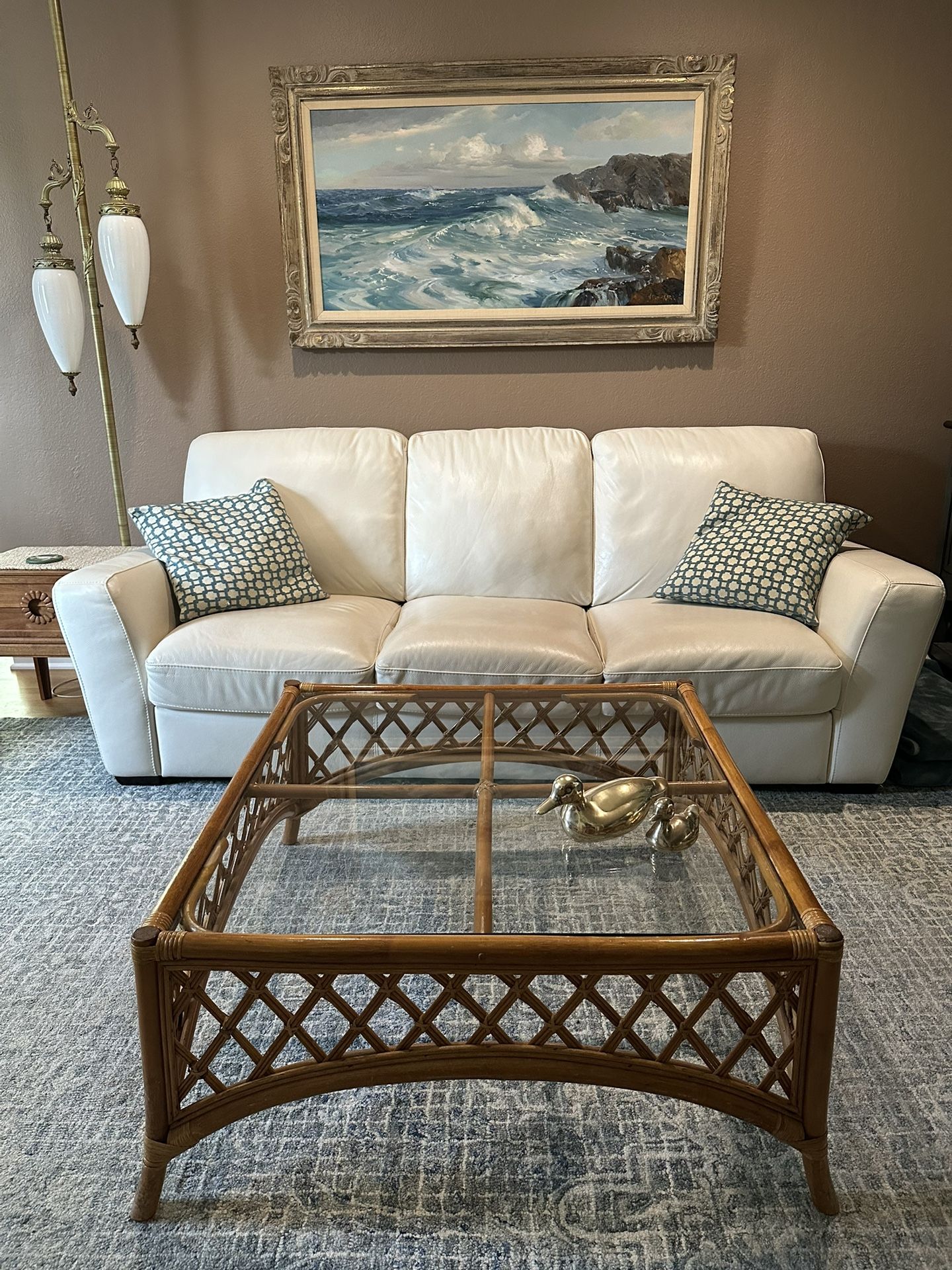 RATTAN LATTICE GLASS TOP COFFEE TABLE