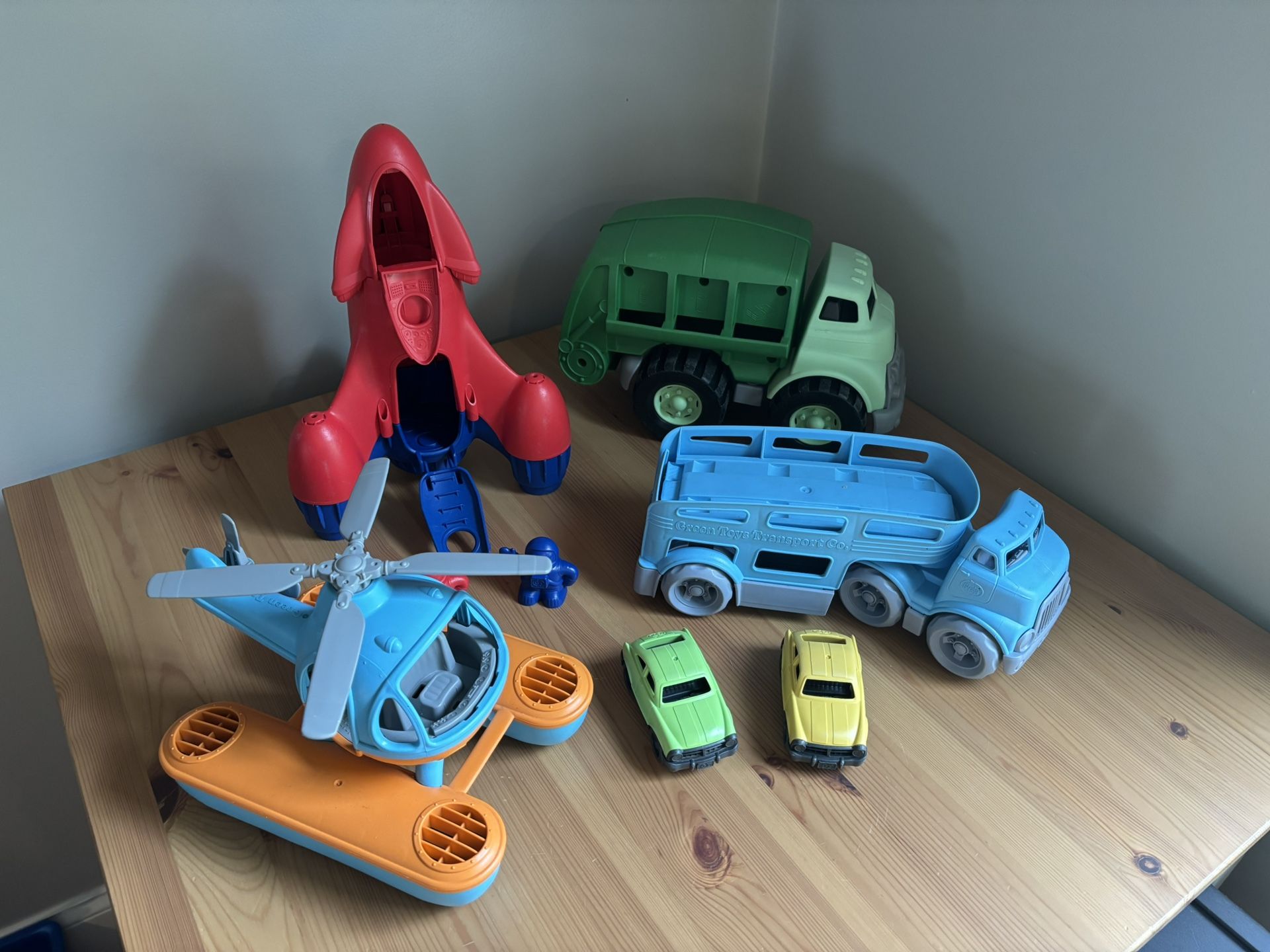 Green Toys Made In USA Vehicle LOT Rocket Helicopter Recycling Truck Semi Cars 