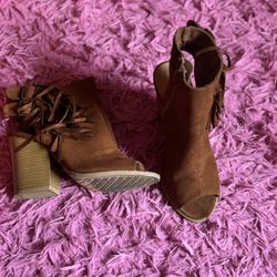 Brown Peep Toe Fringe Bootie