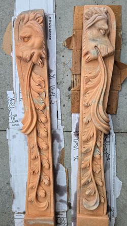 Pair Hand-Carved Pink Marble Fireplace Mantel Jambs – Lion Head & Acanthus – 45"