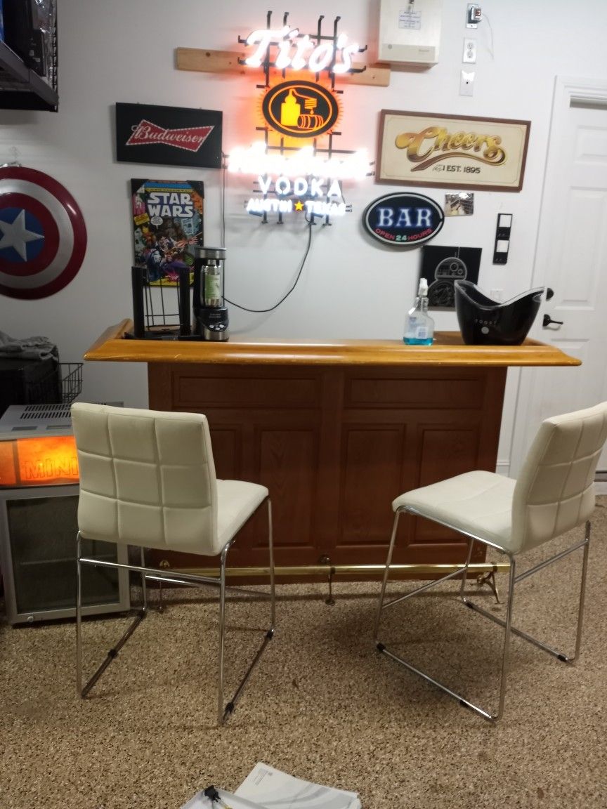 Bar And Neon Signs And Mini Fridge