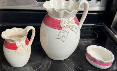 Vintage Ruffled Pitcher & Dish Set with Embossed Bow Motif — 3 Pieces