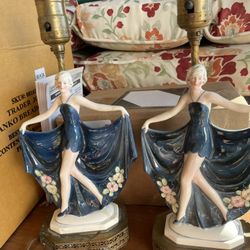 Vintage  Katzhutte Hertwig ArT Fine Porcelain Dancing Girl Lamp Set Of 2 RARE
