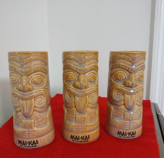Three Chiki Tiki Mug Tumbler Beer MAI-TIKI Ft Lauderdale:6 inches Tall.