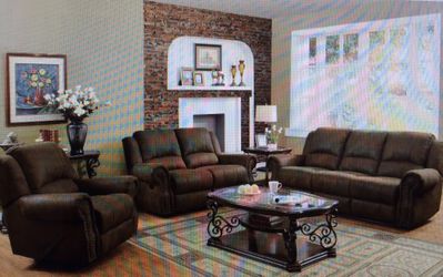 Buckskin brown Motion sofa and a glider Loveseat