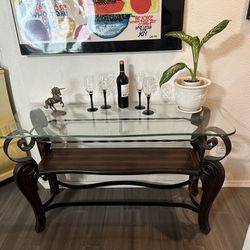 Glass Top Metallic And Wood Entryway Sofa Table 52 Inches Wide 18 Inches Deep 30 Inches Tall