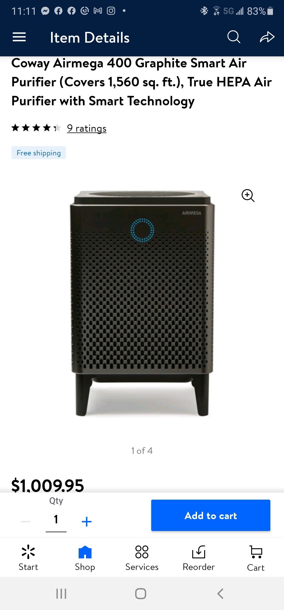 Coway Airmega 400 Graphite Smart Air Purifier (Covers 1,560 sq. ft.), True HEPA Air Purifier with Smart Technology $500 FIRM