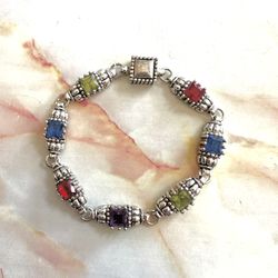 Silver Tone Square  Colorful Rhinestone Bracelet 