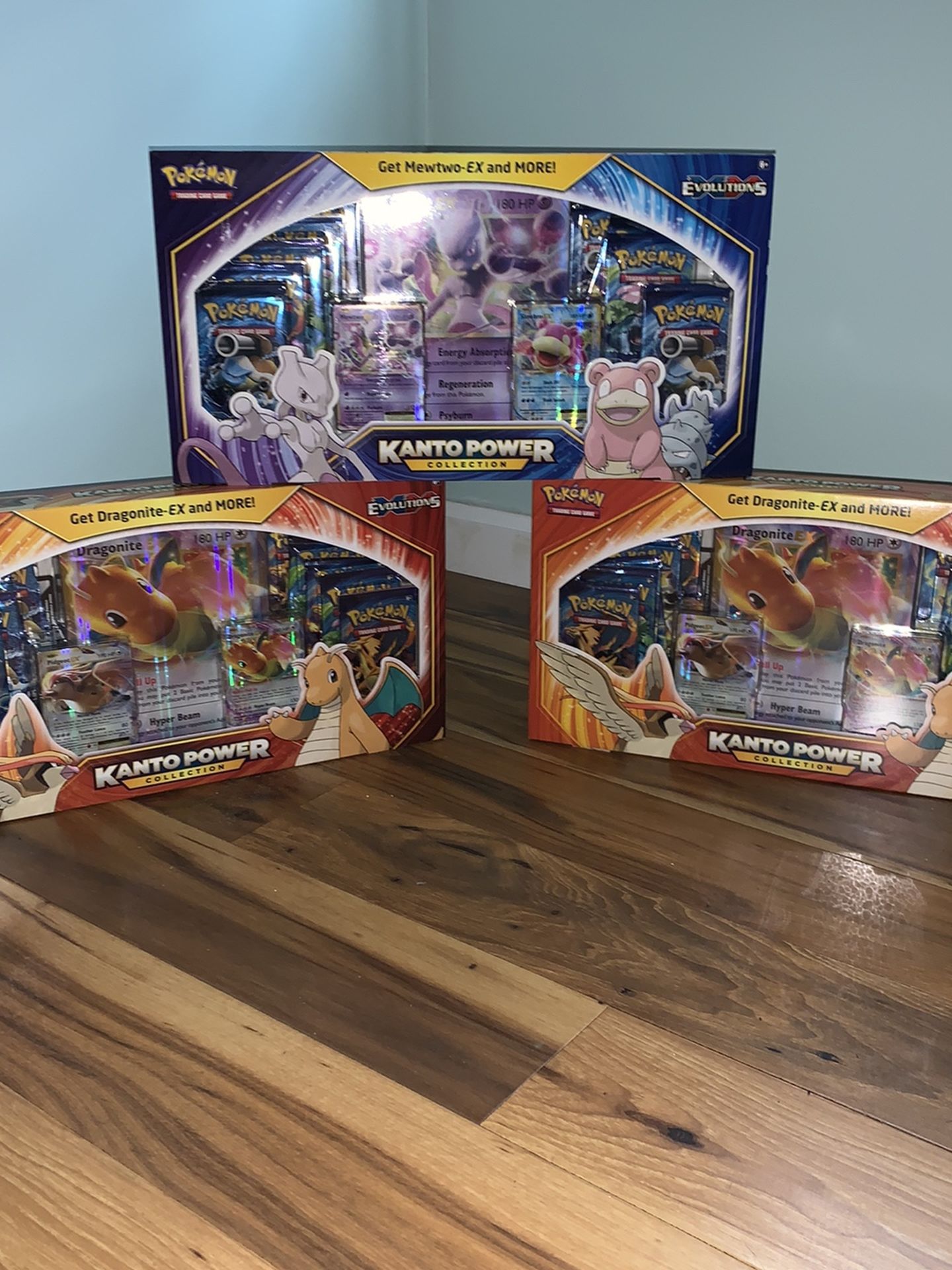 (3) Sealed Pokémon Kanto Power Box Collection Evolution Packs; 1 Mewtwo And 2 Dragonite