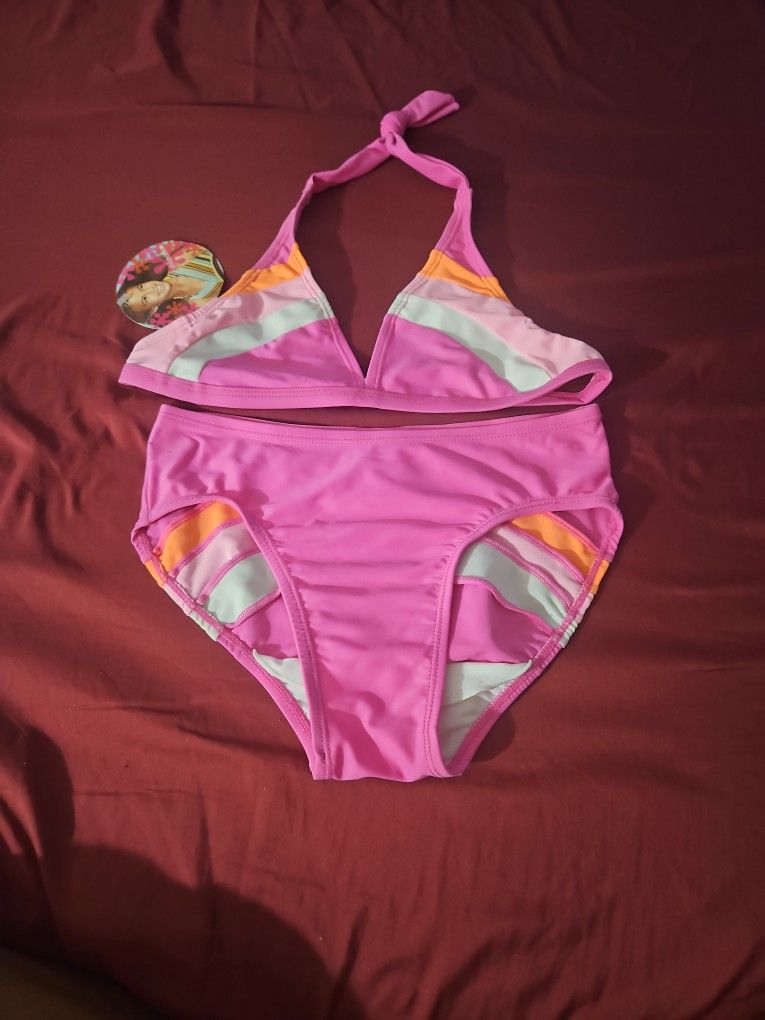 Beach Native big girl bathing swim suit 2 piece pink halter bikini L Large 10 12