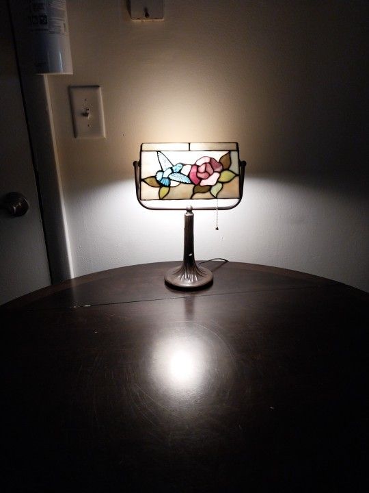 14"X10" Bankers Tiffany Stained Glass Style ,Desk Lamp With Pull Cord