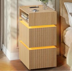 BRAND NEW—Fluted Nightstand with Charging Station, Narrow Bedside Table, Wood