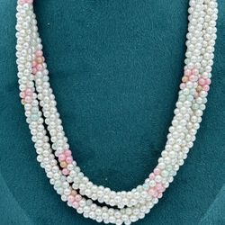 Vintage Pink & White Faux Seed Pearls Twisted Rope Necklace Germany 37” Long  Great Condition 