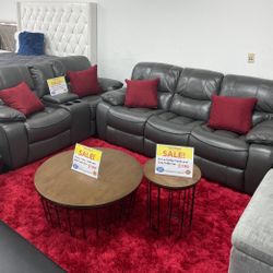 Holiday sale. Madrid, gray leather reclining sofa and loveseat set only $1299. Easy finance option. Same day delivery.