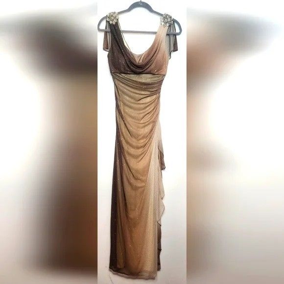 Vintage Betsy Adam Prom Dress Maxi Gown Brown Fairy Sparkle Y2K Ombre Ruffle