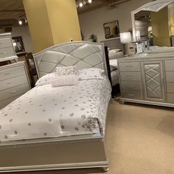 Valiant Champagne Silver Upholstered Panel Bedroom Set ( Queen, king, twin, full bedroom set - bed frame- tall dresser, nightstand and chest, mattress