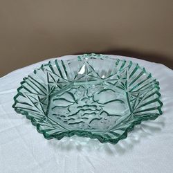 Vintage Federal Pressed Glass Depression Green Pioneer Bowl 11" Crimped Scalloped Edge Fruit Pattern