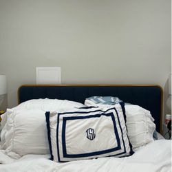 Queen Bed Frame with Navy Upholstered Headboard