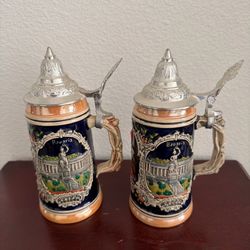 Two Thewalt 1/4 Liter Beer Stein Vintage w Pewter Lid West Germany Collectible