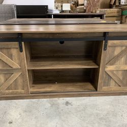 TV Stand, Modern Rustic Entertainment Center with Storage Cabinets and Sliding Barn Door, Metal Media TV Console with Shelf